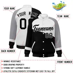 Black White-Gray Color Block Varsity Full-Snap Baseball Jacket 2