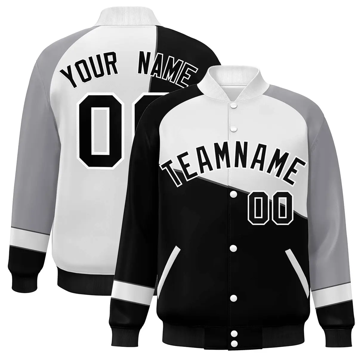 Black White-Gray Color Block Varsity Full-Snap Baseball Jacket