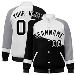 Black White-Gray Color Block Varsity Full-Snap Baseball Jacket