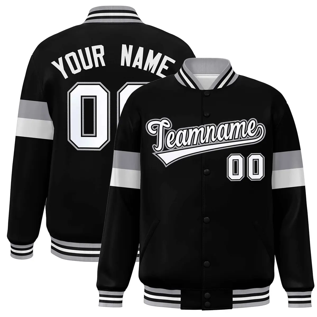 Black White-Gray Color Block Varsity Full-Snap Baseball Jacket