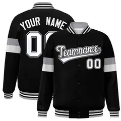 Black White-Gray Color Block Varsity Full-Snap Baseball Jacket