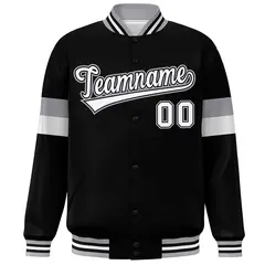 Black White-Gray Color Block Varsity Full-Snap Baseball Jacket 3