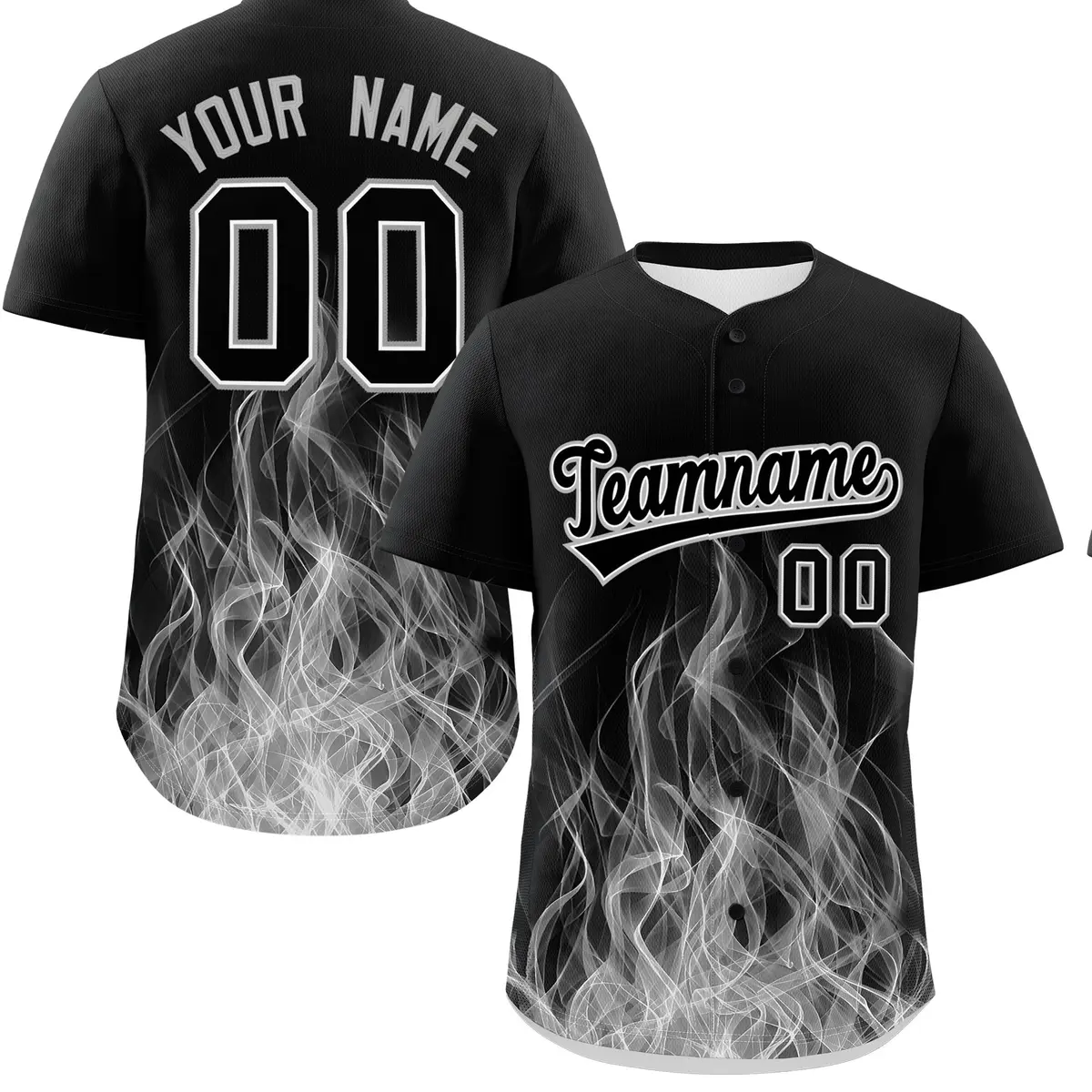 Black White Gray Flame Graffiti Baseball Jersey