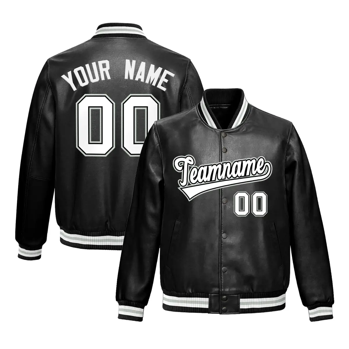 Black White Gray Full-Snap Faux Leather Varsity Letterman Jacket