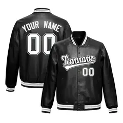 Black White Gray Full-Snap Faux Leather Varsity Letterman Jacket 1