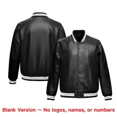 Black White Gray Full-Snap Faux Leather Varsity Letterman Jacket 6