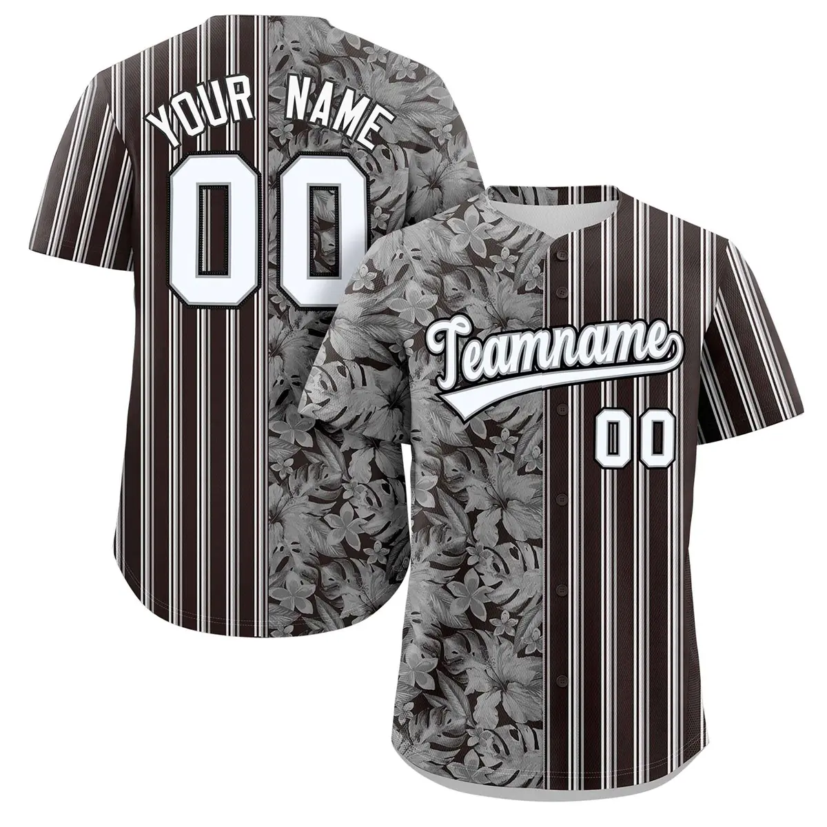 Black White Gray Hawaii Tropical Flower Stripe Baseball Jersey