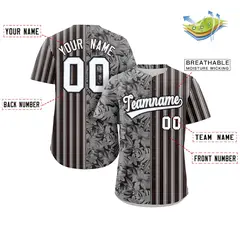 Black White Gray Hawaii Tropical Flower Stripe Baseball Jersey 2