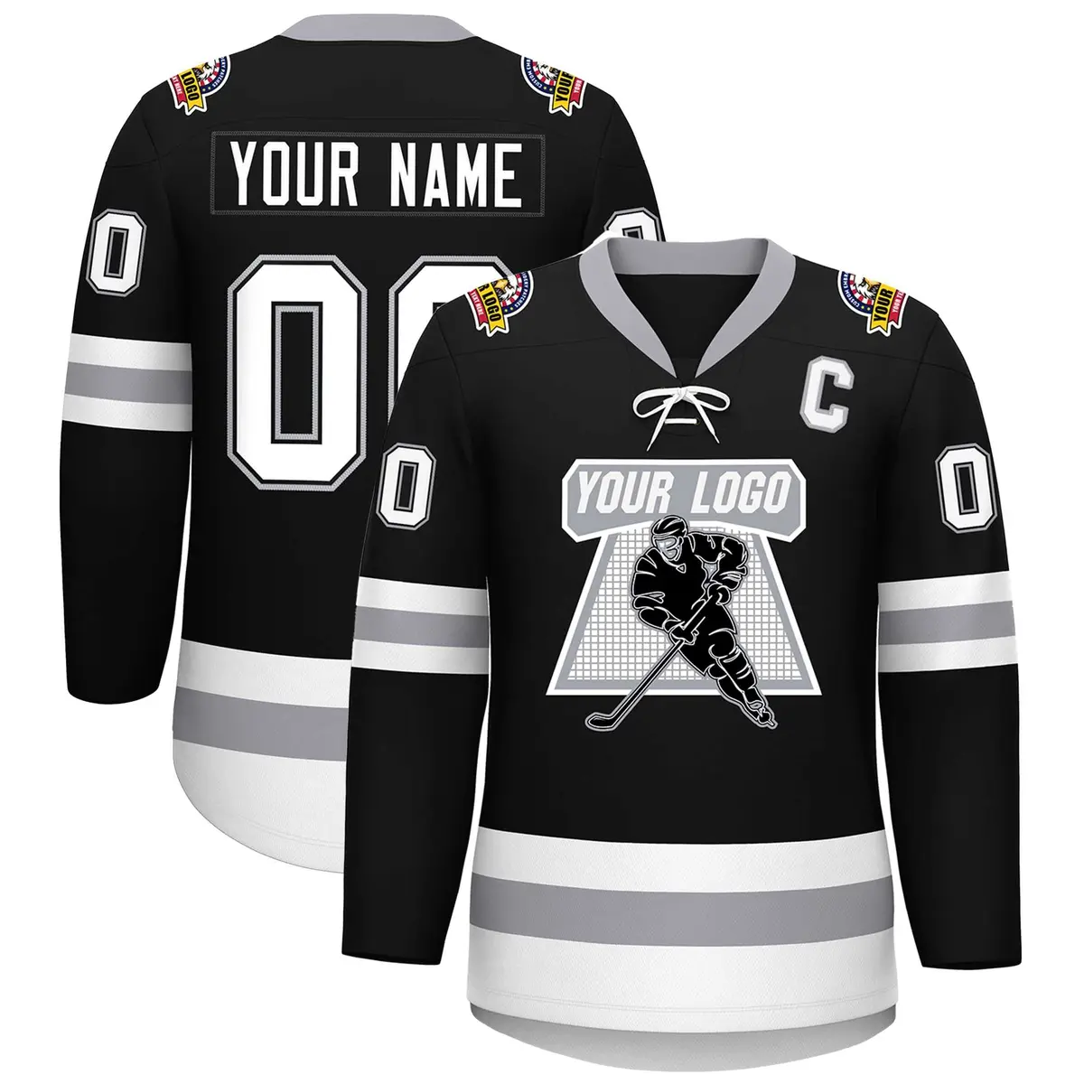 Black White-Gray Lace-Up Neck Hockey Jersey