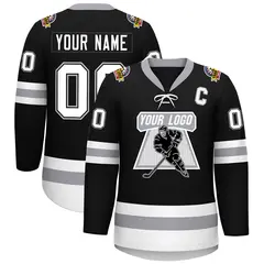 Black White-Gray Lace-Up Neck Hockey Jersey