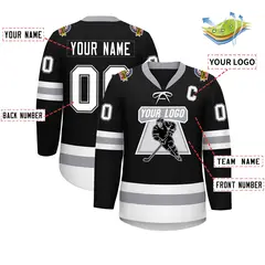 Black White-Gray Lace-Up Neck Hockey Jersey 3