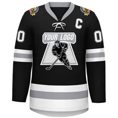 Black White-Gray Lace-Up Neck Hockey Jersey 4