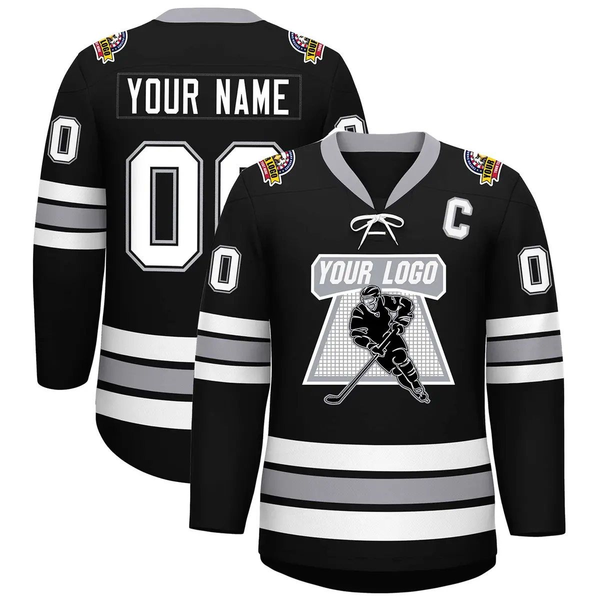Black White-Gray Lace-Up Neck Hockey Jersey
