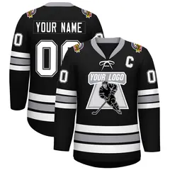 Black White-Gray Lace-Up Neck Hockey Jersey