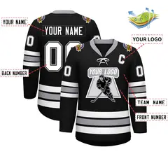 Black White-Gray Lace-Up Neck Hockey Jersey 2