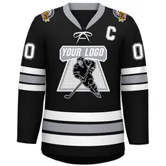 Black White-Gray Lace-Up Neck Hockey Jersey 3