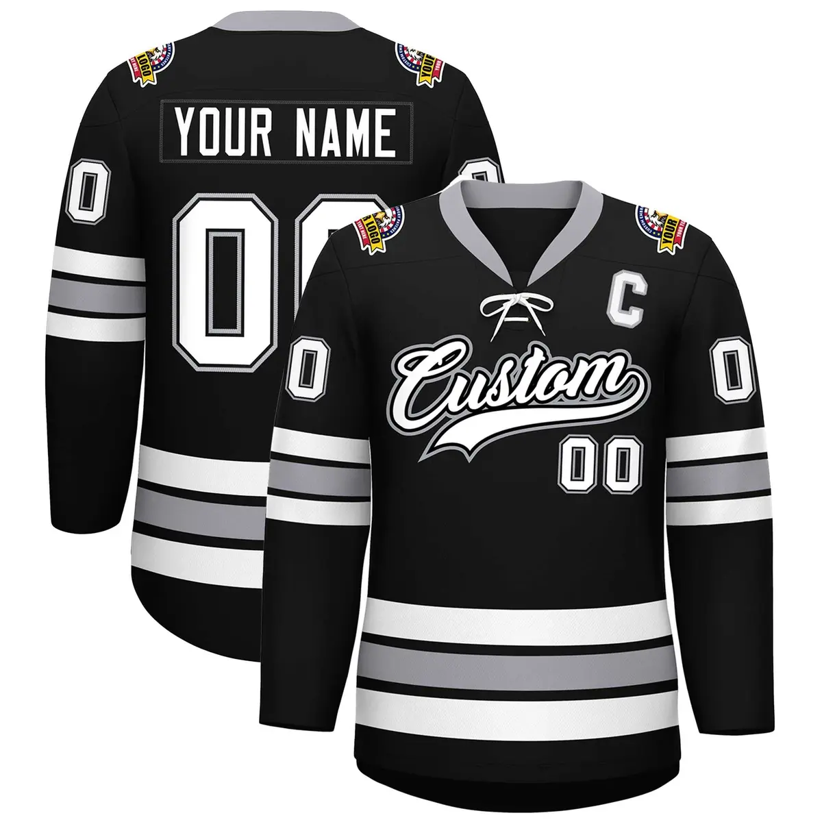Black White-Gray Lace-Up Neck Hockey Jersey
