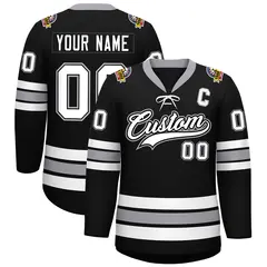 Black White-Gray Lace-Up Neck Hockey Jersey