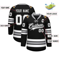 Black White-Gray Lace-Up Neck Hockey Jersey 2