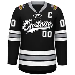 Black White-Gray Lace-Up Neck Hockey Jersey 3
