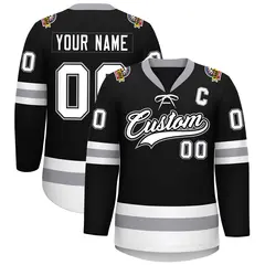 Black White-Gray Lace-Up Neck Hockey Jersey