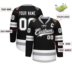 Black White-Gray Lace-Up Neck Hockey Jersey 2