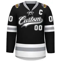 Black White-Gray Lace-Up Neck Hockey Jersey 3