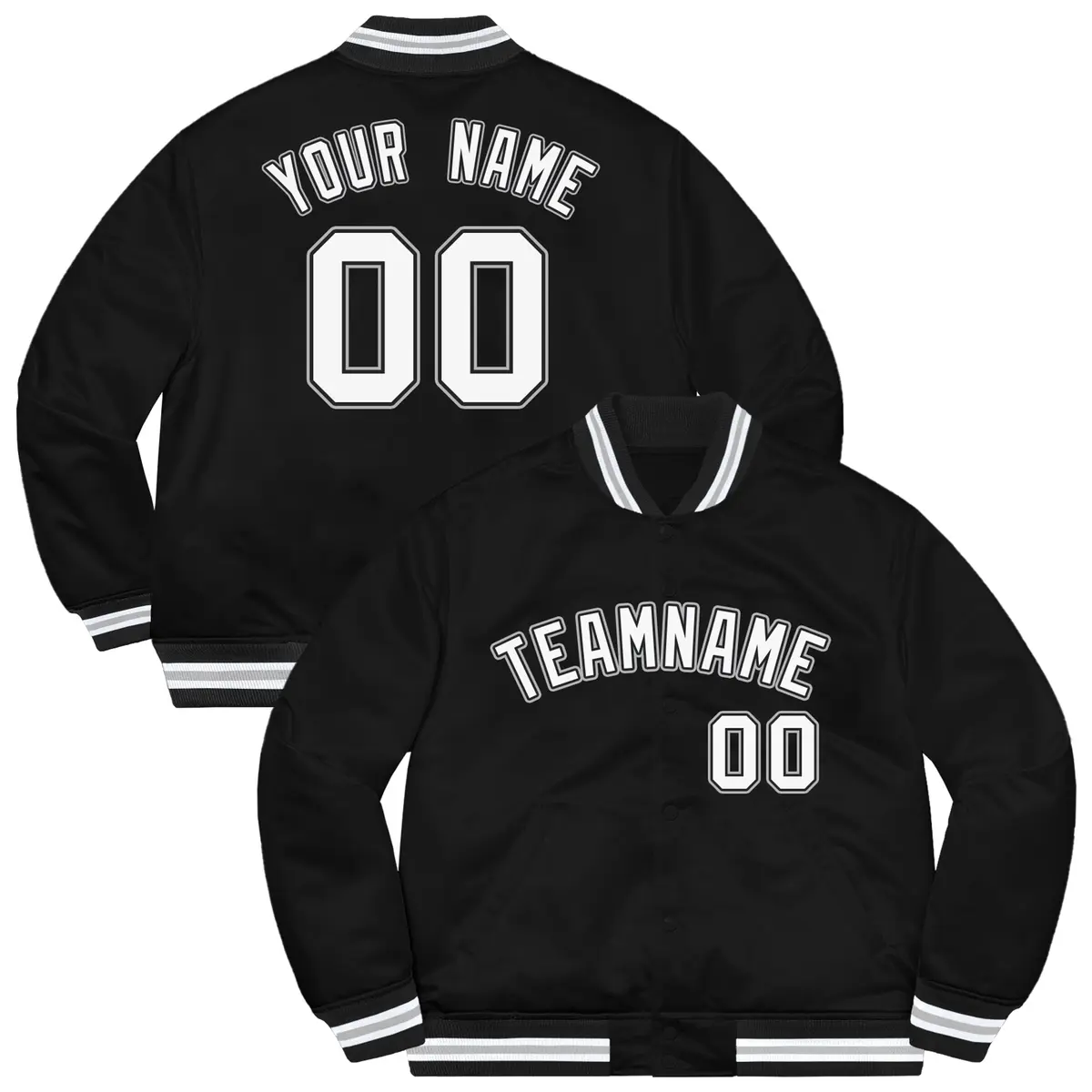 Black White-Gray Letterman Solid Varsity Full-Snap Jacket