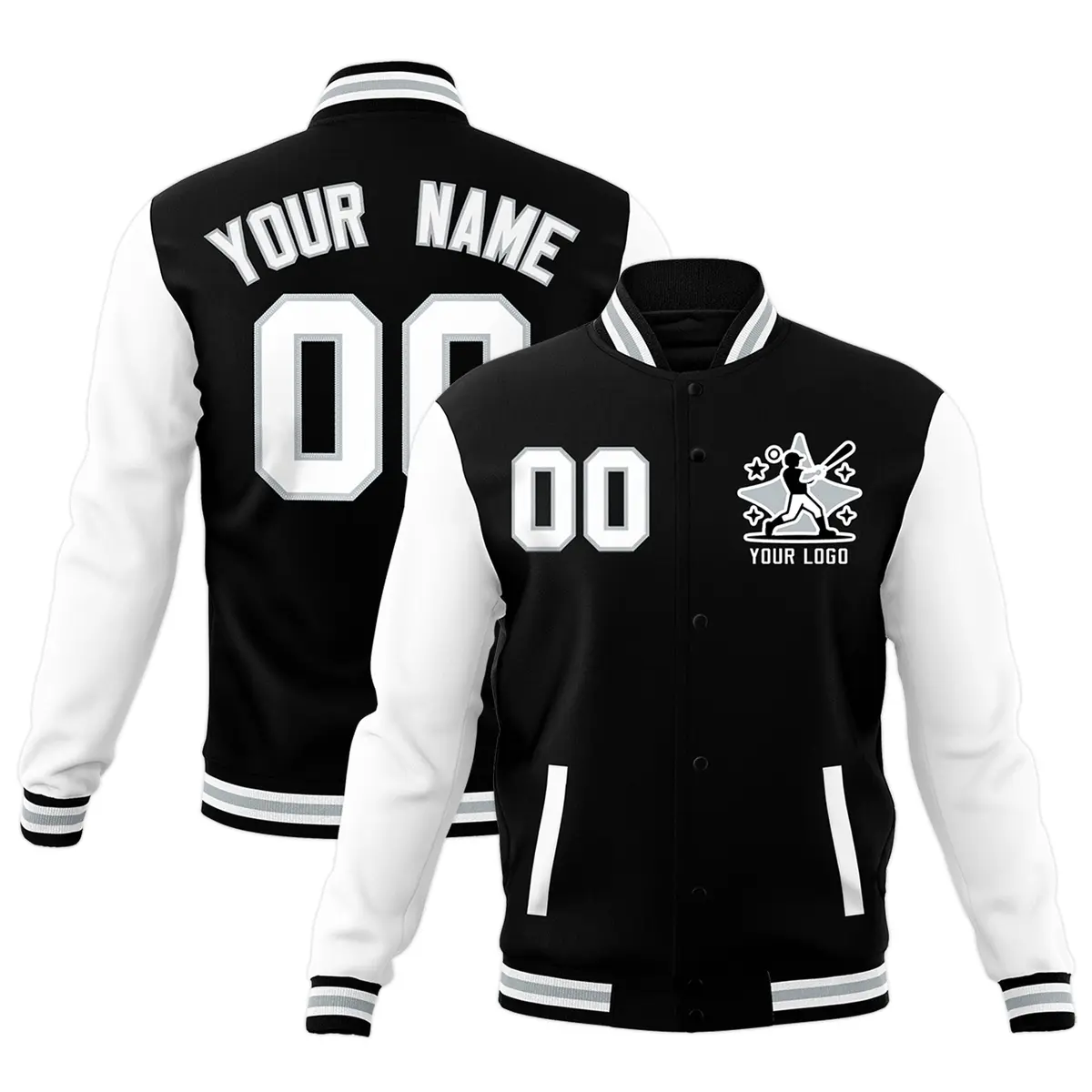 Black White Gray Raglan Sleeves Full-Snap Letterman Cotton Jacket