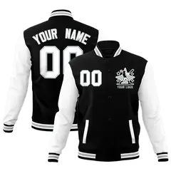 Black White Gray Raglan Sleeves Full-Snap Letterman Cotton Jacket 1