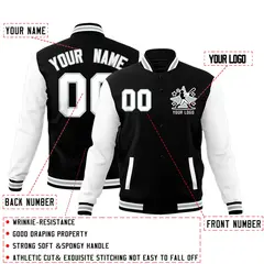 Black White Gray Raglan Sleeves Full-Snap Letterman Cotton Jacket 2