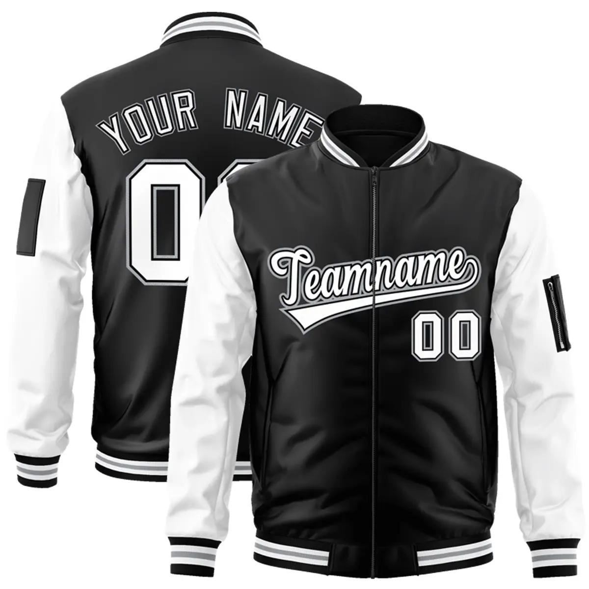 Black White-Gray Raglan Sleeves Varsity Full-Zip Letterman Bomber Jacket