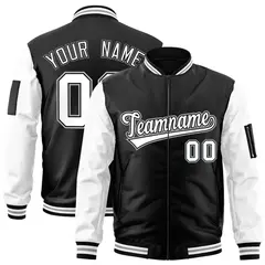 Black White-Gray Raglan Sleeves Varsity Full-Zip Letterman Bomber Jacket
