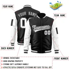 Black White-Gray Raglan Sleeves Varsity Full-Zip Letterman Bomber Jacket 2