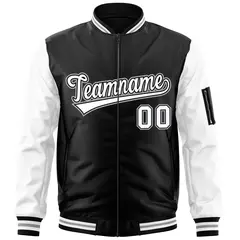 Black White-Gray Raglan Sleeves Varsity Full-Zip Letterman Bomber Jacket 3