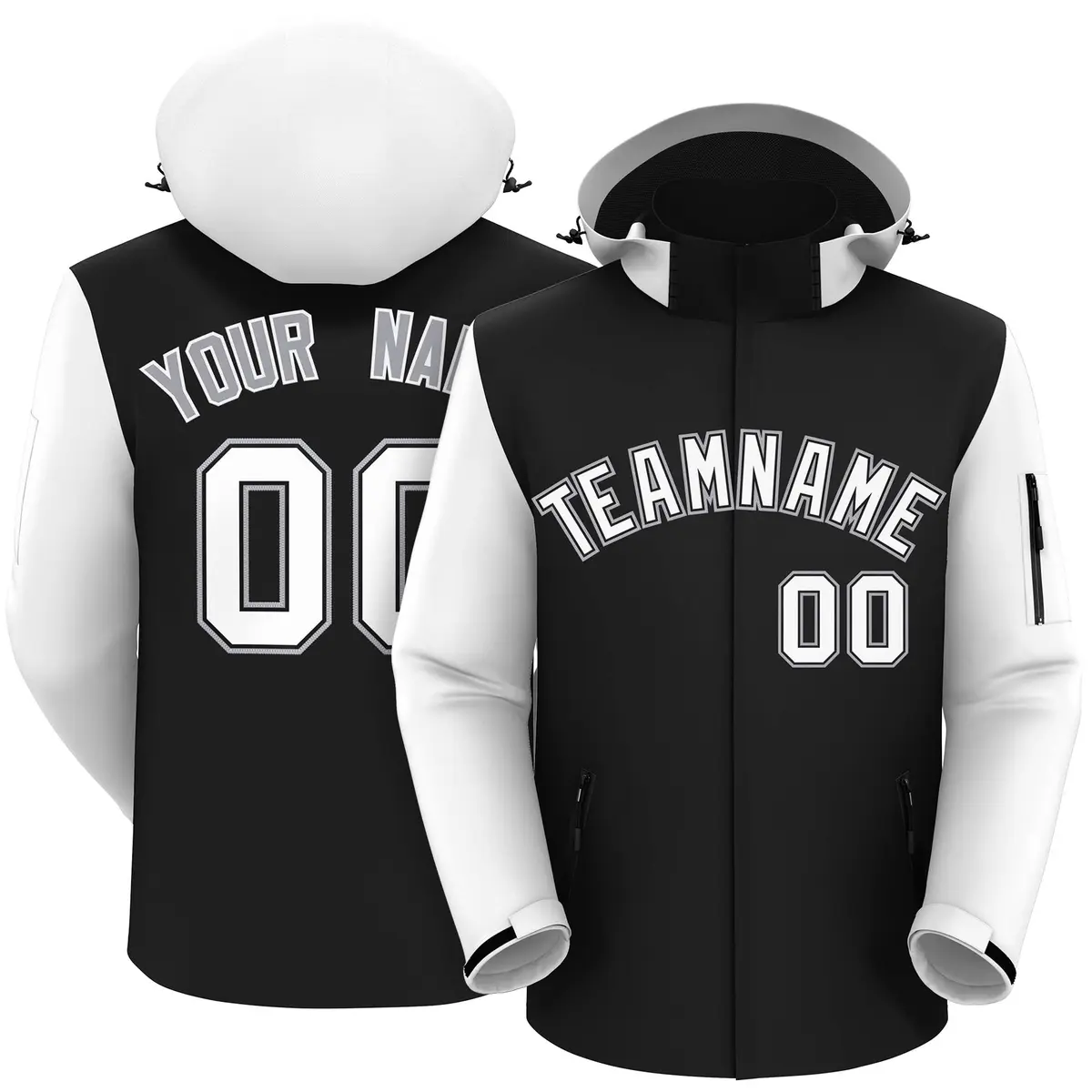 Black White-Gray Raglan Sleeves Waterproof Jacket