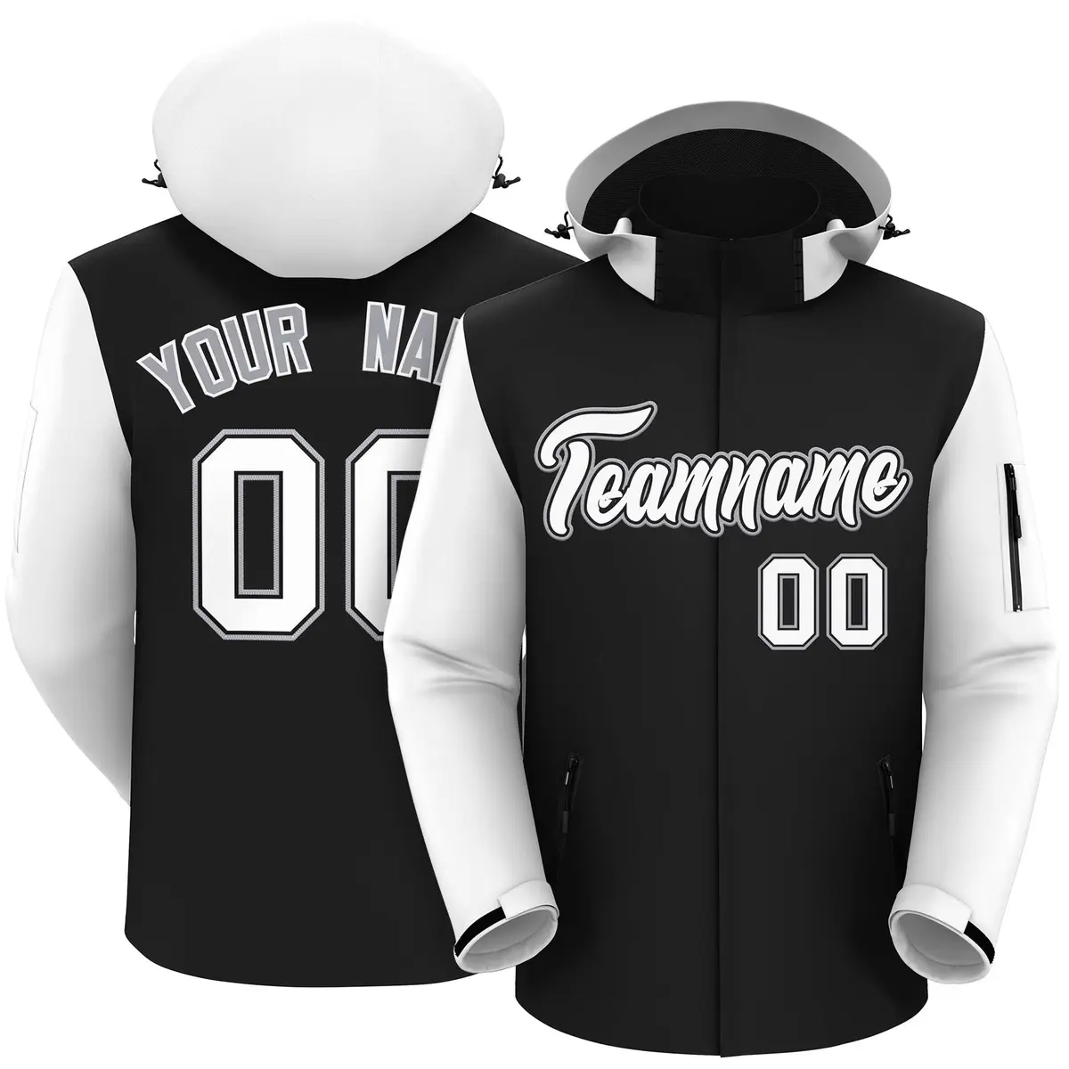 Black White-Gray Raglan Sleeves Waterproof Jacket