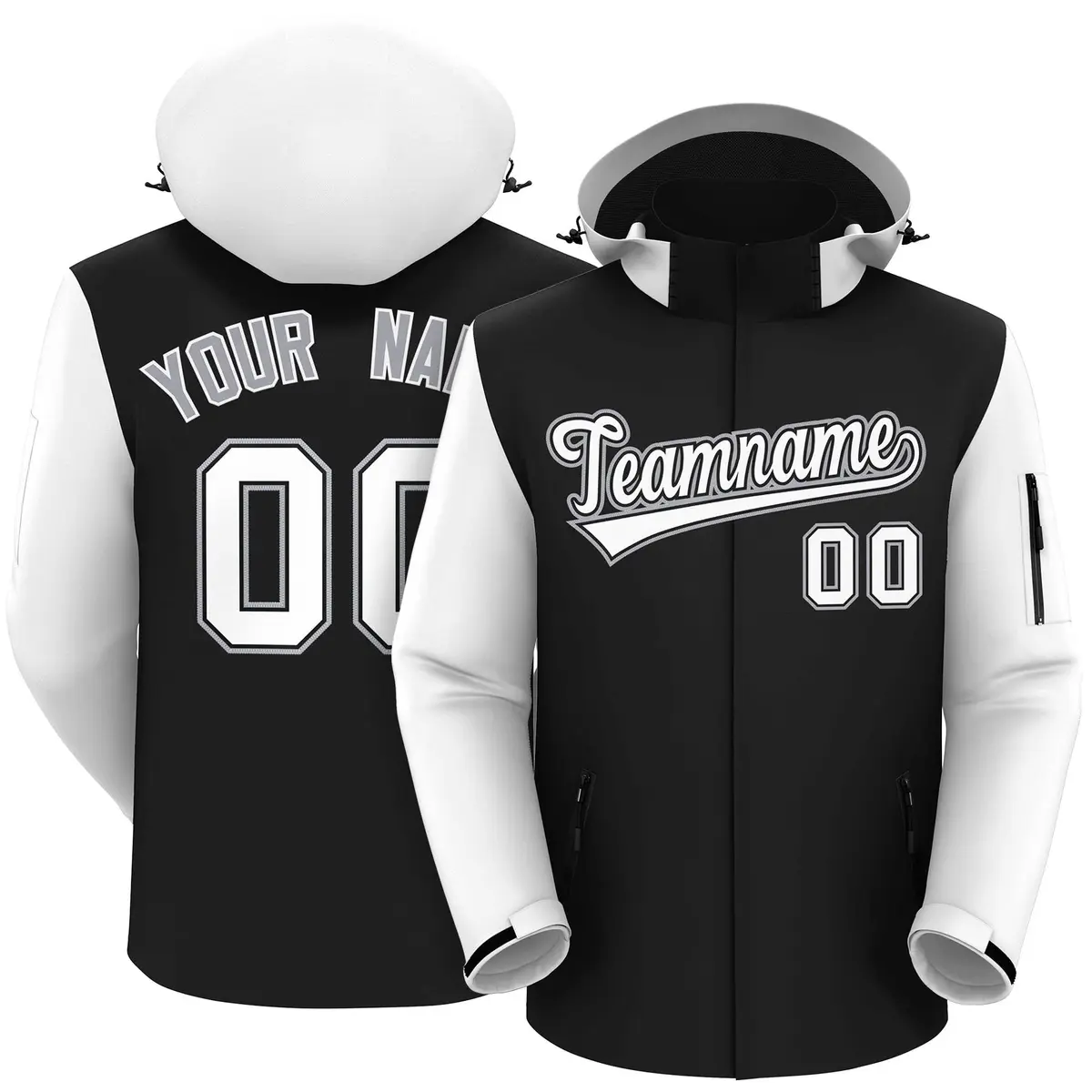 Black White-Gray Raglan Sleeves Waterproof Jacket