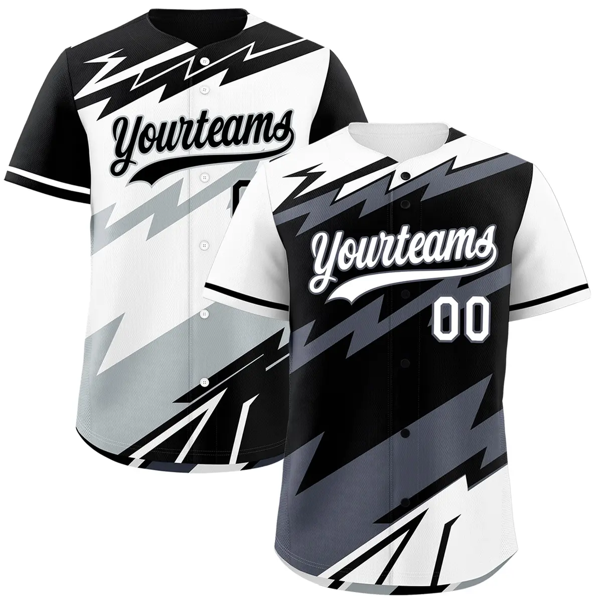 Black White Gray Reversible Baseball Jersey Lightning & Graffiti Pattern