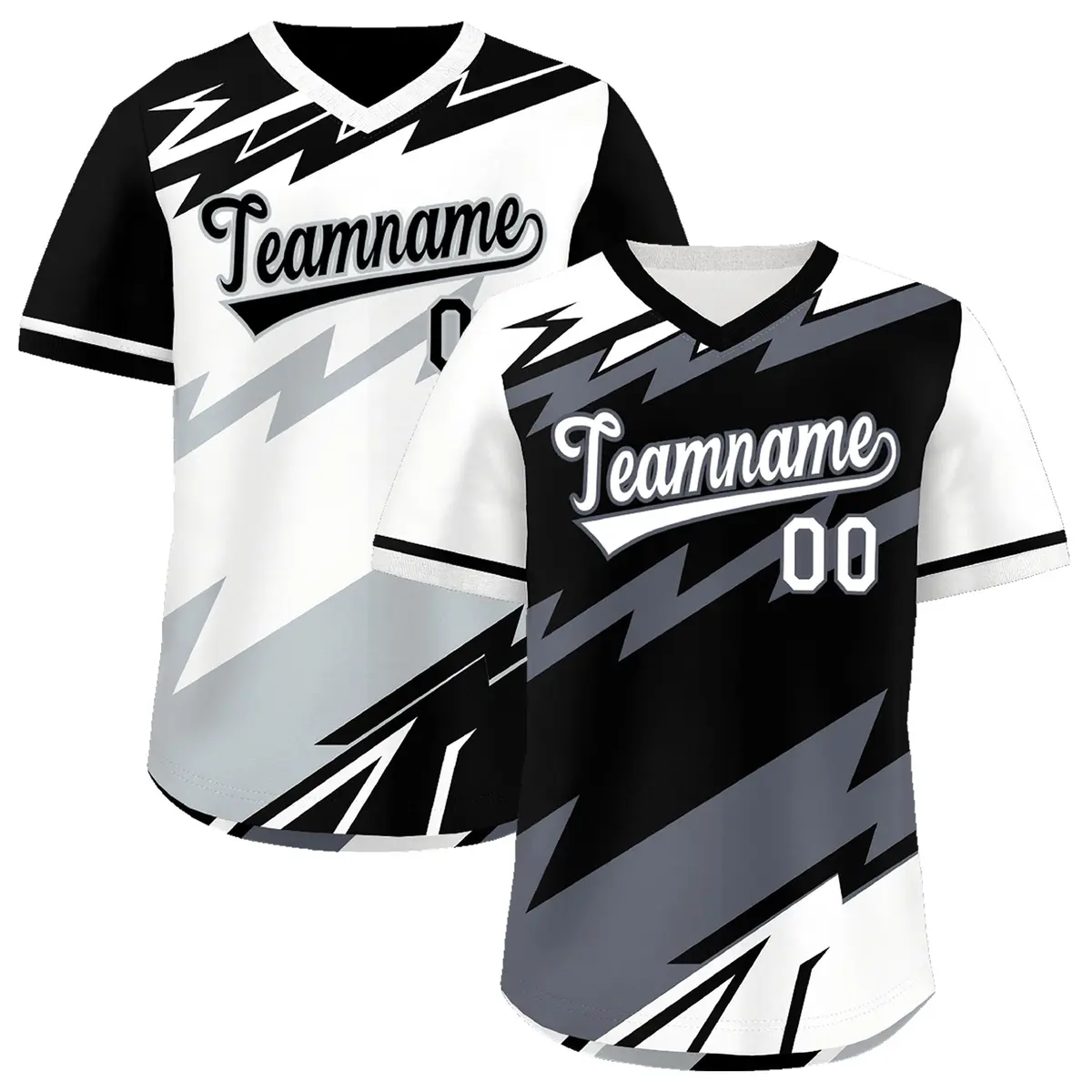 Black White Gray Reversible Baseball Jersey Lightning & Graffiti Pullover V-Neck