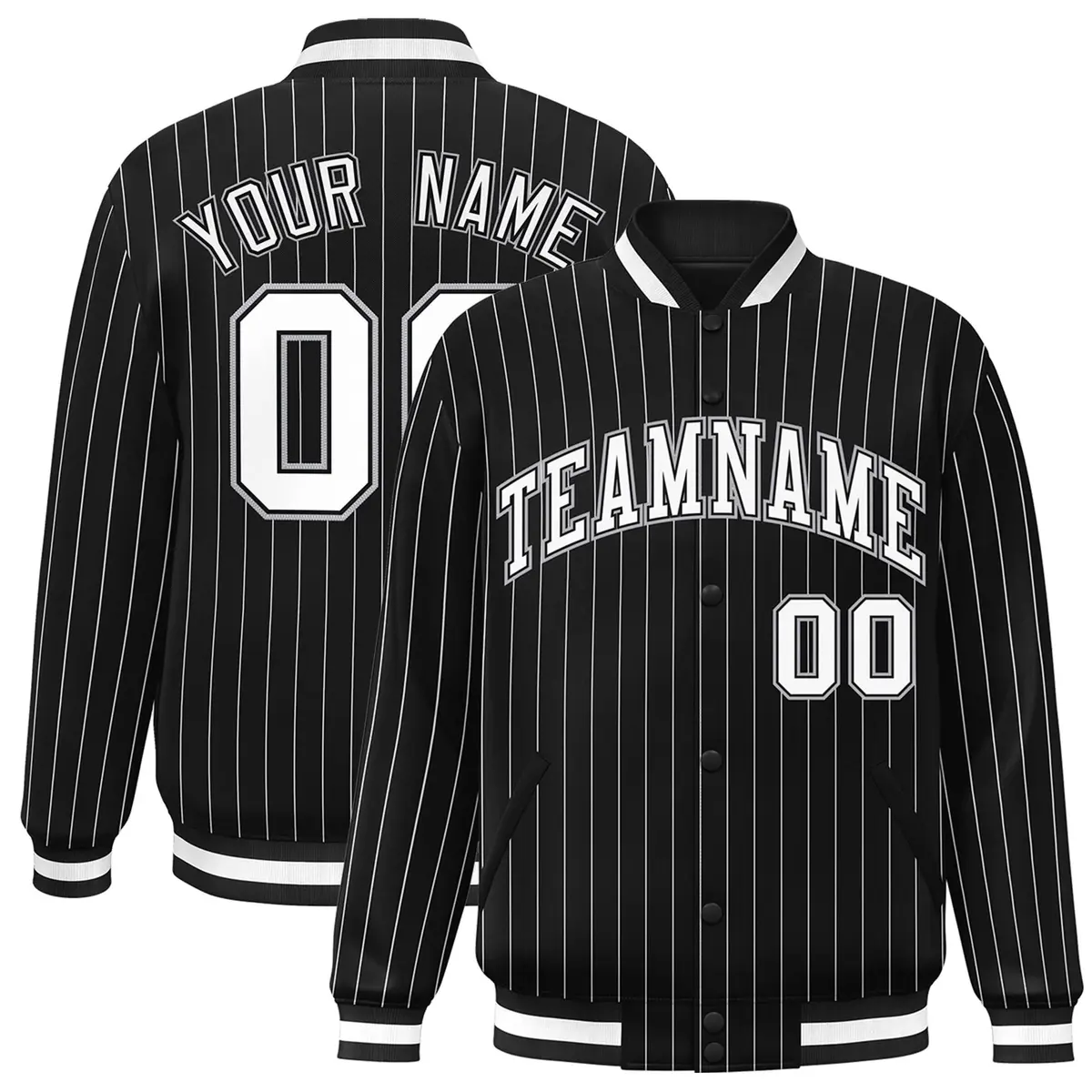 Black White-Gray Stripe Letterman Varsity Bomber Jacket