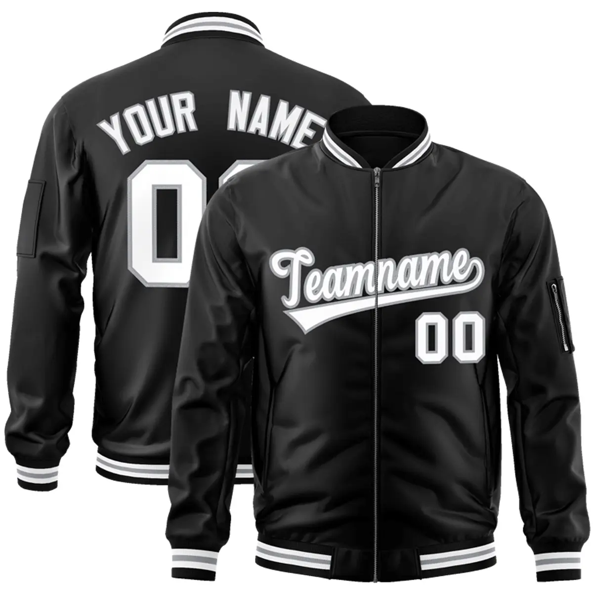 Black White-Gray Varsity Full-Zip Letterman Bomber Jacket