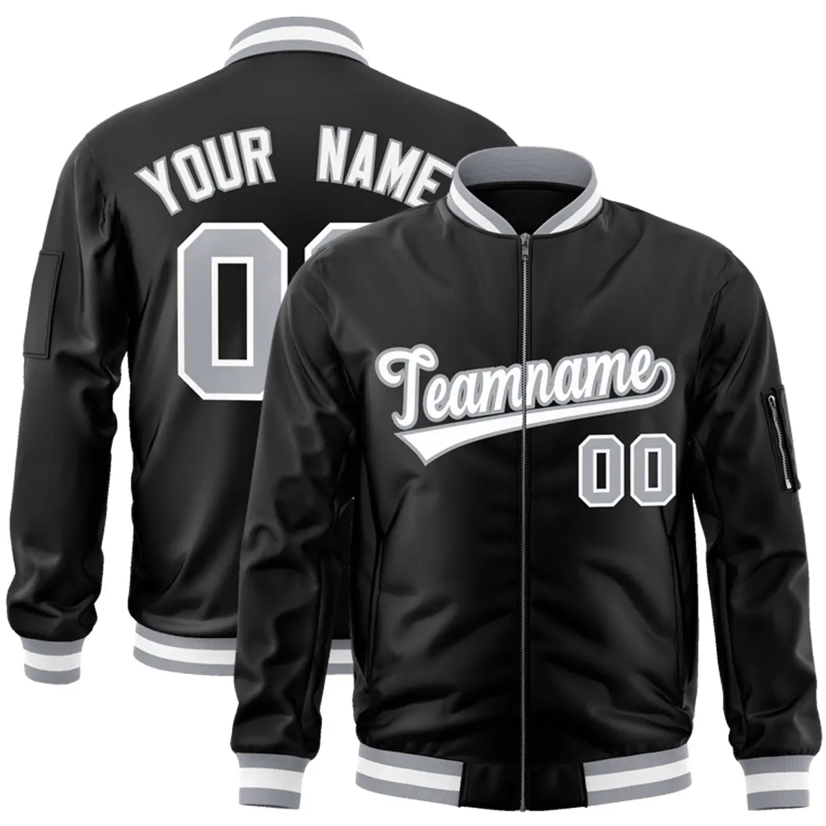 Black White-Gray Varsity Full-Zip Letterman Bomber Jacket