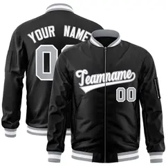 Black White-Gray Varsity Full-Zip Letterman Bomber Jacket