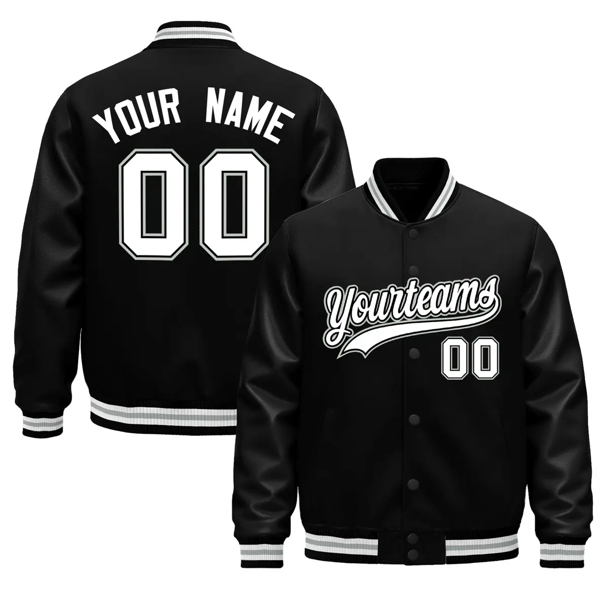 Black White Gray Varsity Jacket with Faux Leather Sleeves