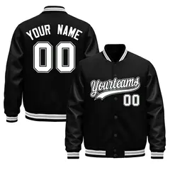 Black White Gray Varsity Jacket with Faux Leather Sleeves 1