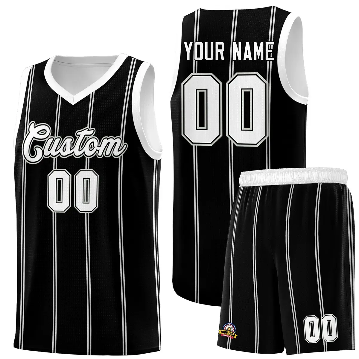 Black White Gray Vertical Stripes Basketball Jersey Set