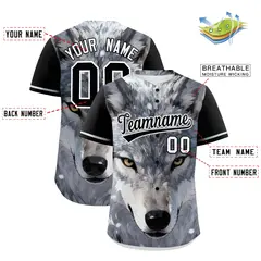 Black White Gray Wolf Graffiti Baseball Jersey 2