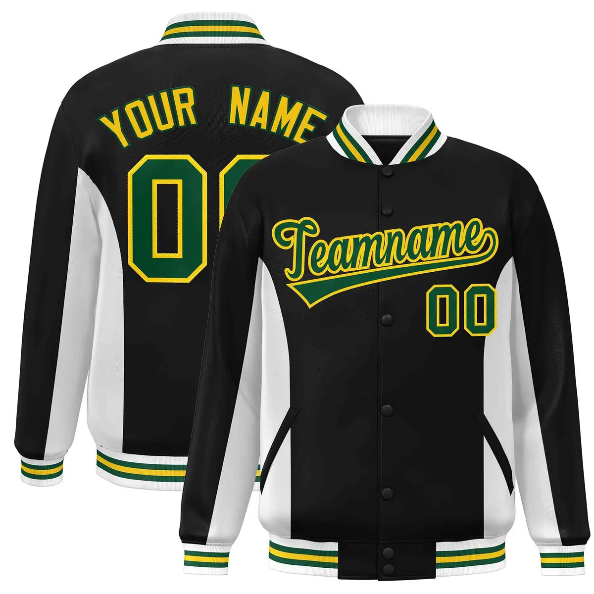 Black White-Green Color Block Varsity Full-Snap Letterman Baseball Jacket