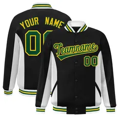 Black White-Green Color Block Varsity Full-Snap Letterman Baseball Jacket